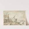 Winterlandschap met huizen en hefboom langs bevroren vaart by Jacob Cats
