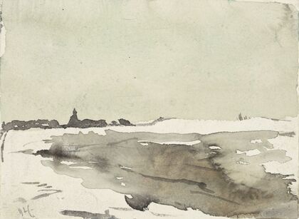 Winterlandschap met kerkje in het verschiet