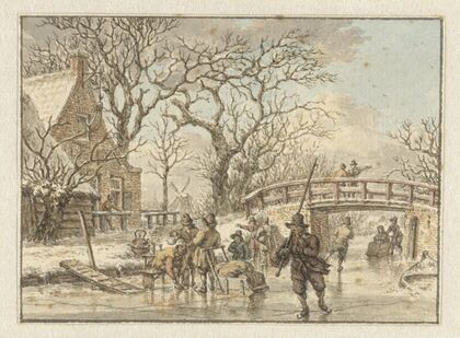Winterlandschap met schaatsenrijders op een wetering