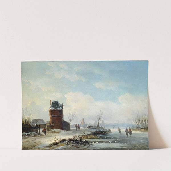 Winterliche Kanallandschaft mit Blick auf eine holländische Stadt by Eduard Hildebrandt