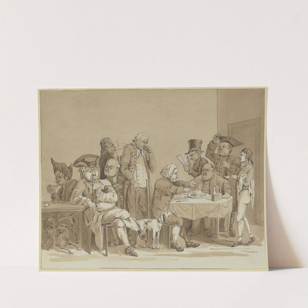 Wirtshausszene, rechts eine Gruppe um einen Tisch, links eine Gruppe von weiteren Gästen und mehreren Hunden by Friedrich Rottmann