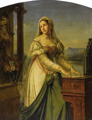 Woman At The organ Before A Statue Of The Virgin And Child