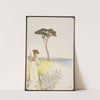 Woman by pine tree and landscape with water by Thorolf Holmboe