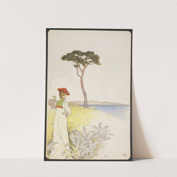 Woman by pine tree and landscape with water by Thorolf Holmboe