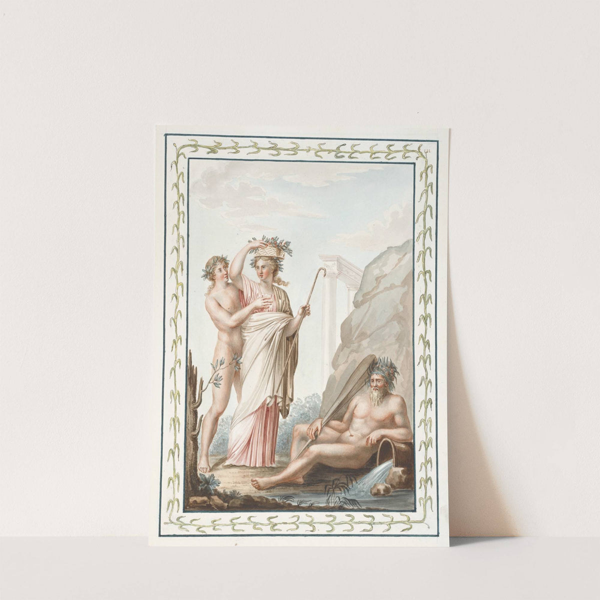 Woman carrying basket on her head, nude youth and nude man reclining next to water jug. by Pierre-Jean Mariette