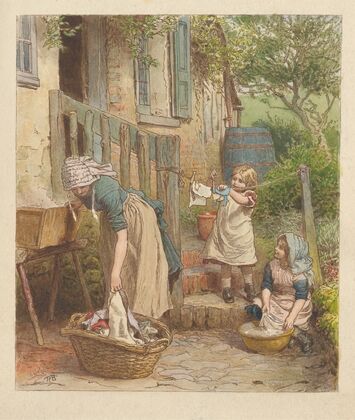 Woman Doing Laundry with Two Girls