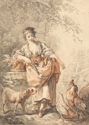 Woman Feeding Chickens