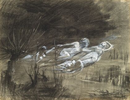 Woman Floating in a River Attended by Two Female Spirits