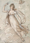 Woman floating in the sky, observed by a cherub