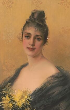Woman from chest up with yellow flowers (1894)