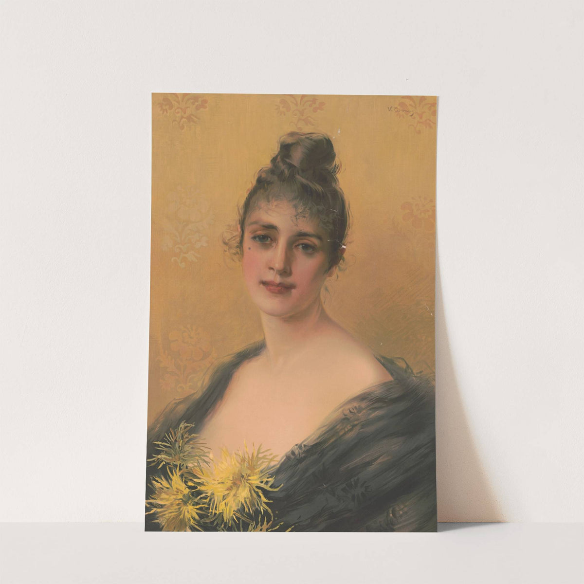 Woman from chest up with yellow flowers (1894) by V. Covey