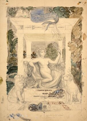 Woman holding a mirror flanked by a lion and a dog, study for the frontispiece of the Société des aquafortistes (1865)