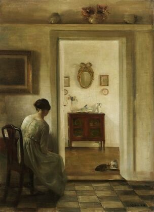 Woman in an Interior with Two Cats Drinking Milk