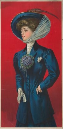 Woman in blue hat and coat with flower corsage on lapel (1908) — size preview