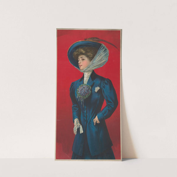 Woman in blue hat and coat with flower corsage on lapel (1908) by Sackett &amp; Wilhelms Litho.