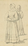 Woman in bonnet and long dress with full sleeves, with back view shown in mirror, 1300