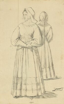 Woman in bonnet and long dress with full sleeves, with back view shown in mirror, 1300