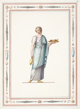 Woman in classical dress holding vase and platter of food. — size preview