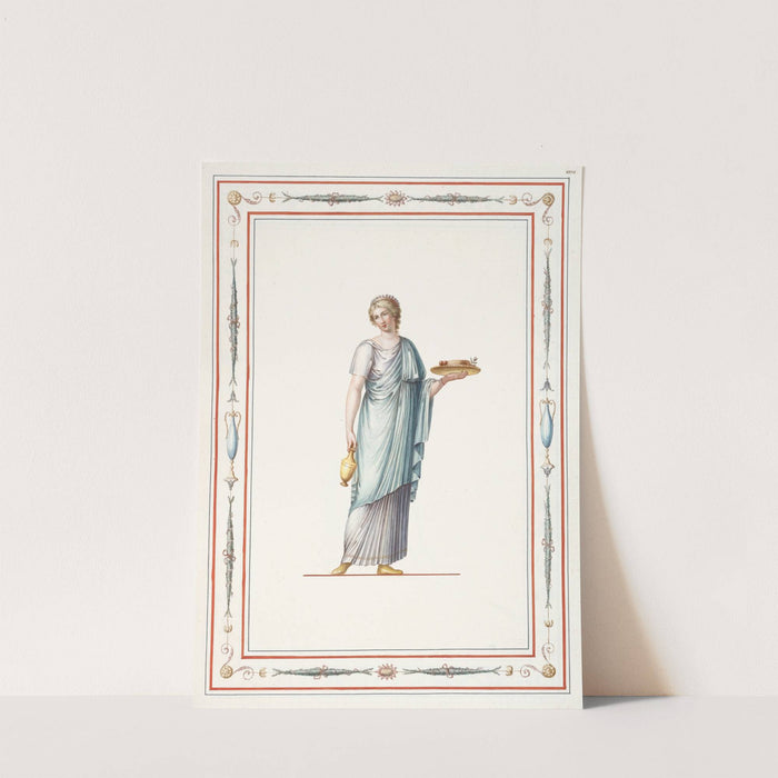Woman in classical dress holding vase and platter of food. by Pierre-Jean Mariette