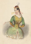 Woman in green military-style jacket and red shako with white feather, her arms akimbo (1850-1859)