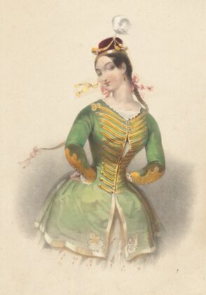 Woman in green military-style jacket and red shako with white feather, her arms akimbo (1850-1859)