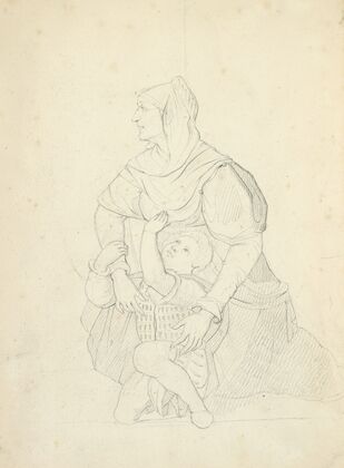 Woman in head piece and dress with shawl, with boy in doublet and breeches