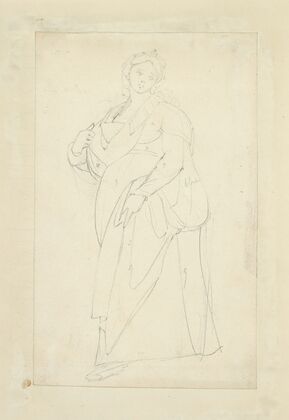 Woman in head piece and long dress with sling about her neck, possibly for infant
