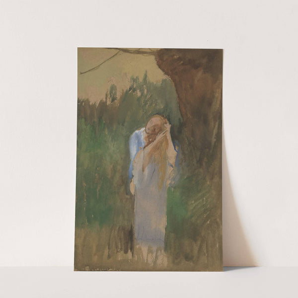 Woman in landcape, combing her long, blond hair by Edwin Austin Abbey
