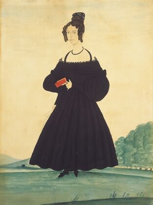 Woman in Landscape Holding Red Book 