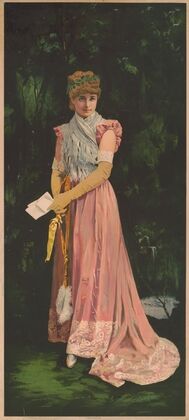Woman in pink dress holding folded paper (1875)