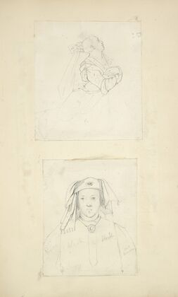 Woman in profile; Figure in hat and neck ornament