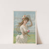 Woman in white dress holding flowers and tennis racket (1887) by A.S. Seer