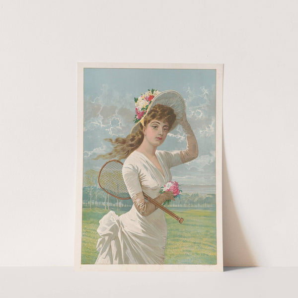Woman in white dress holding flowers and tennis racket (1887) by A.S. Seer