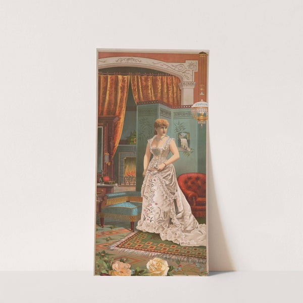 Woman in white dress standing holding a Eupion Oil brochure with fireplace and oil lamp in background (1885) by Eupion Oil