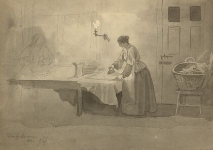 Woman ironing at table (1857)