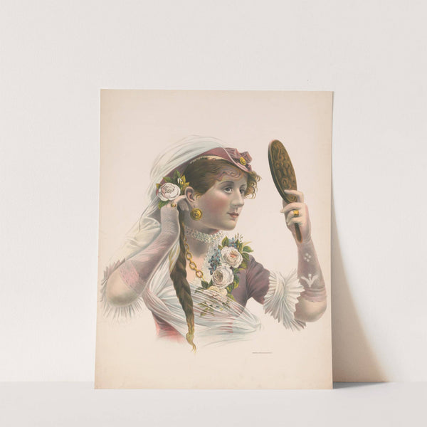 Woman looking in mirror admiring rose in her hair (1880) by Mensing &amp; Stecher