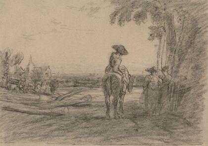 Woman on a Horse with Two Standing Women Overlooking a Landscape