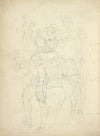 Woman on horseback with man standing beside her with arm around her waist; views of their heads