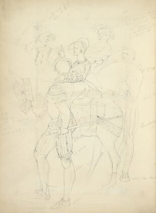 Woman on horseback with man standing beside her with arm around her waist; views of their heads