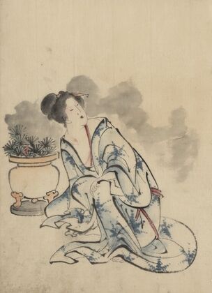 Woman, possibly a courtesan, sitting next to a flowerpot
