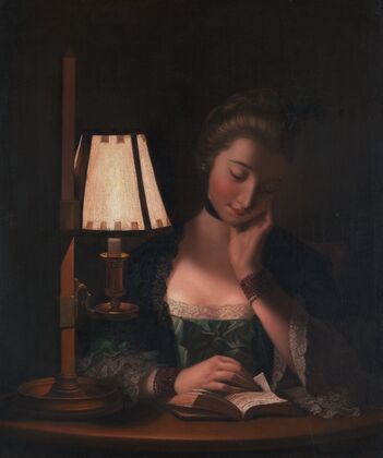 Woman Reading by a Paper-Bell Shade