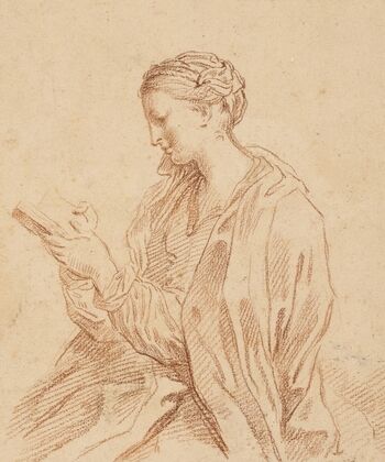 Woman reading, in profile to the left