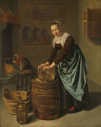 Woman scouring a vessel