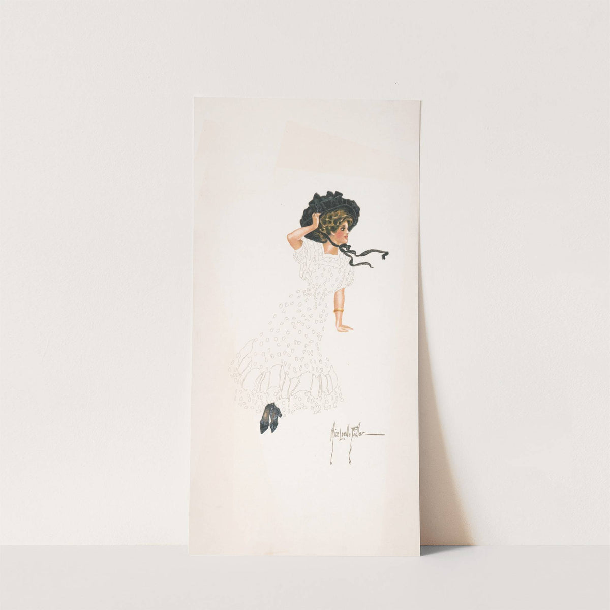 Woman seated holding onto hat and crossing ankles by Alice Luella Fidler