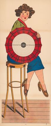 Woman seated on stool holding parasol with numbered concentric circle design on it