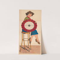 Woman seated on stool holding parasol with numbered concentric circle design on it by René Ackermann