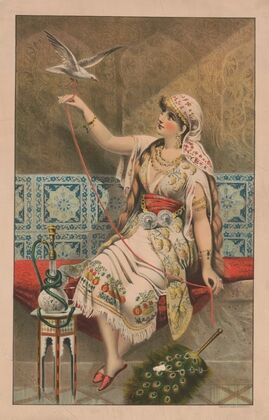 Woman seated with peacock fan, hookah pipe, and white bird (1888)