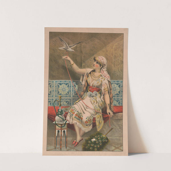 Woman seated with peacock fan, hookah pipe, and white bird (1888) by Mensing &amp; Stecher