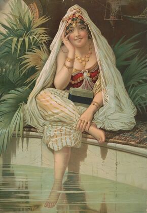Woman sitting with foot in water next to bar of soap (1900)