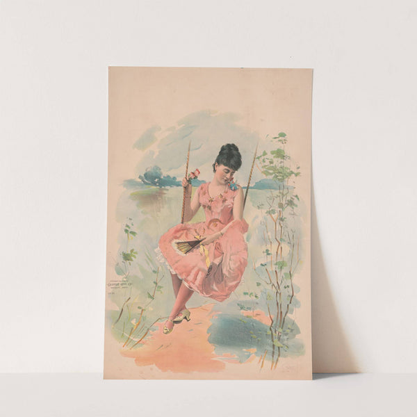Woman wearing a pink dress with gold stars sitting on a swing (1892) by Calvert Litho. Co